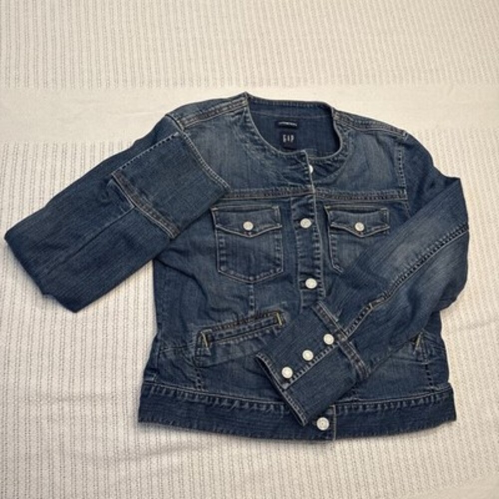 Vintage Gap Stretch Womens Dark Wash Collarless Denim Jacket Cropped Medium